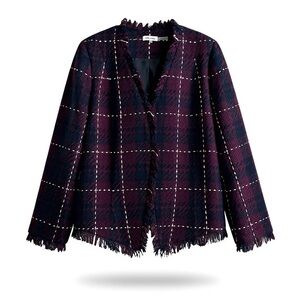 Calvin Klein Womens Tweed Plaid Fri
nge Jacket Size 14